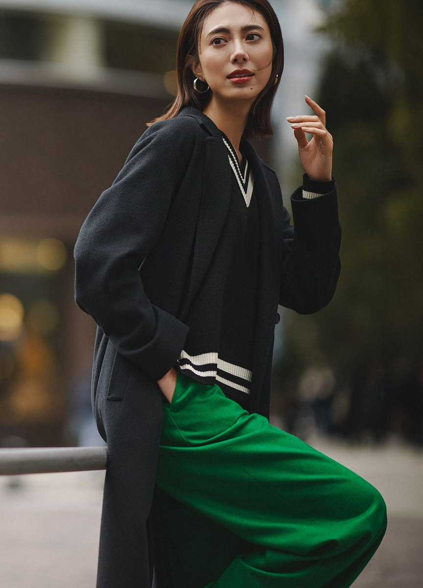 毛料復古V領配色針織衫